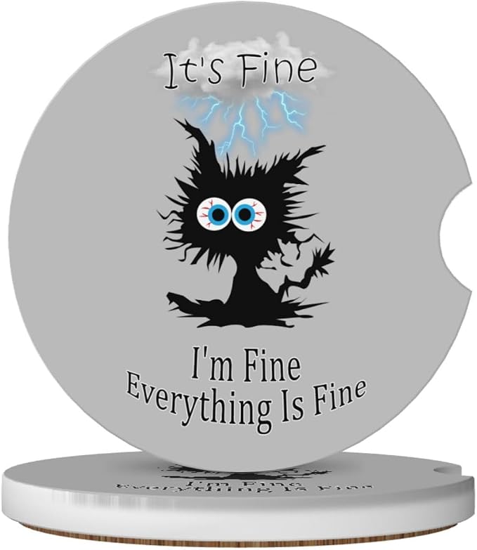 Lightning Black Cat Car Coasters for Cup Holders,2 Pack Car Cup Holder Coasters for Car,Ceramic Absorbent Car Coaster with A Finger Notch and Cork Base,Car Interior Accessories for Women Men