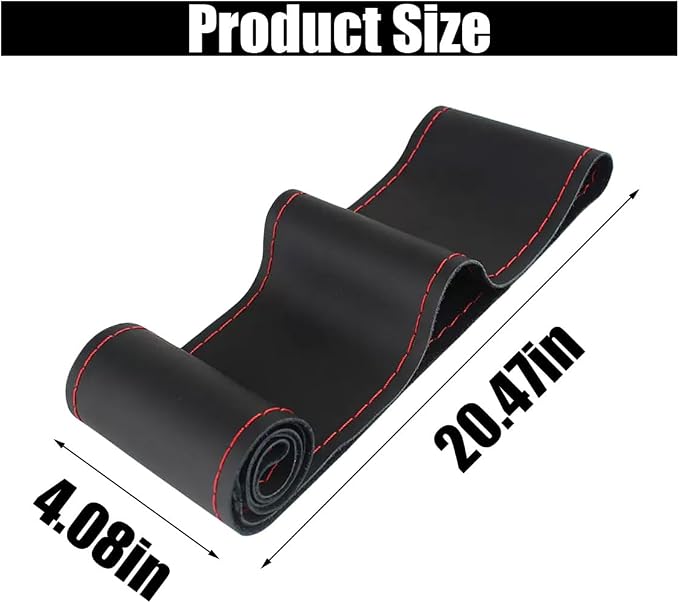 Car Genuine Leather Steering Wheel Cover, DIY Sewing with Needle and Thread, Breathable, and Anti-Slip, Universal 15 Inch Car Steering Wheel Stitching Wrap (Black Red, Glossy)