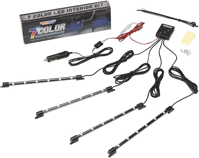 LEDGlow 4pc 7 Color LED Interior Footwell Lighting Kit w/Cigarette Adapter | Multi-Color Underdash Neon Accent Lighting For Car & Trucks Include Solid Colors, Modes, Music Mode, Courtesy Lights & More