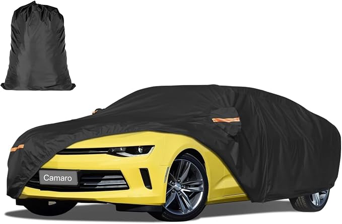 Car Cover Waterproof All Weather Custom Fit for Chevy Camaro 2010-2025, Heavy Duty Outdoor Full Exterior Cover for Automobiles, Sun Rain UV Dust Snow Protection with Door Zipper-Black