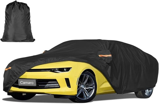 Car Cover Waterproof All Weather Custom Fit for Chevy Camaro 2010-2025, Heavy Duty Outdoor Full Exterior Cover for Automobiles, Sun Rain UV Dust Snow Protection with Door Zipper-Black