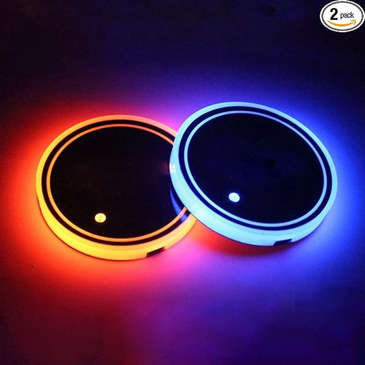 LED Car Cup Holder Lights, 7 Colors Changing USB Charging Coaster Waterproof Cup Pad, LED Interior Atmosphere Lamp Decoration Inside Car Lighting Accessories (2Pcs) (Style 1)
