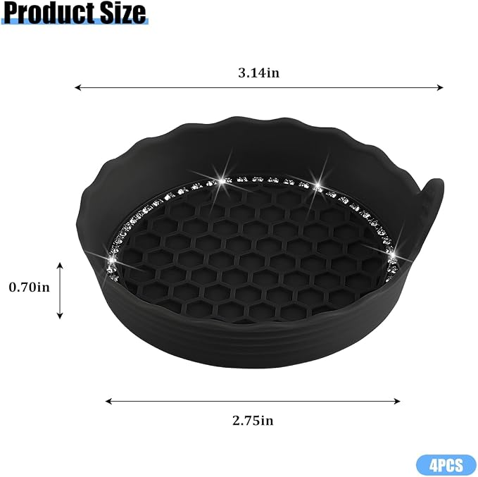 HZEL 4PCS Bling Car Cup Holder Coaster, Shiny Crystal Rhinestone Silicone Dustproof Drink Cup Insert Pad, Dazzling Automotive Interior Water Bottle Holder Embedded Mat, Universal Fit (Black)
