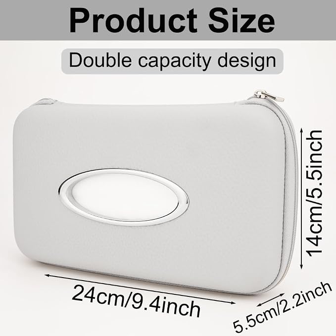 Sun Visor Tissue Holder, Zipper Napkin Holder, PU Leather Backseat Tissue Case for Vehicle (Grey)