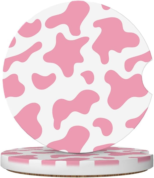 Pink Cow Print Car Coasters for Cup Holders,2 Pack Car Cup Holder Coasters for Car,Ceramic Absorbent Car Coaster with A Finger Notch and Cork Base,Car Interior Accessories for Women Men