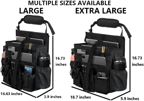 2 Pack Front or Seat back organizer seat side pocket with dedicated tablet and 17 IN laptop storage stabilizers external stabilizing side straps soft adjustable shoulder straps (Large Black)