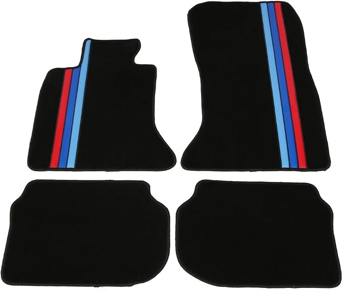 Fit 2011-2016 BMW F10 5-Series Floor Mat Nylon Black with 3 Colors Stripes | IKON MOTORSPORTS, Front & Rear Factory M Color Stripe Car Floor Carpets Carpet liner 2012 2013 2014 2015