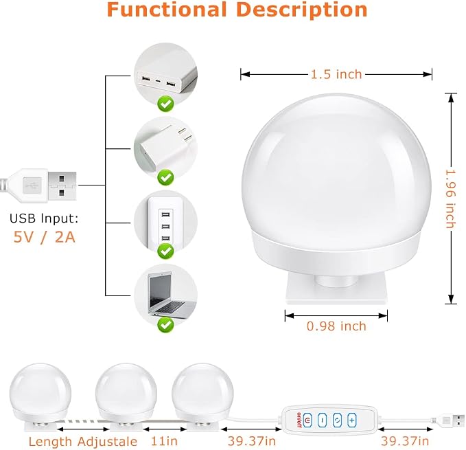 LED Vanity Mirror Lights, Hollywood Style LED Vanity Bulbs 3 Color Dimmable Makeup Light, Vanity Lights 3000K Warm 4000K Nature 6500K Daylight White Portable Light for Bathroom Dressing Room