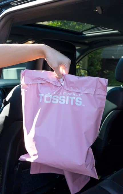 Tossits Hanging Car Trash & Garbage Bags, Disposable, Pink 21 Count | 2 gal, 12 x 15 in, fits over headrest or console, recycled plastic, leakproof, seals odors, everyday light waste