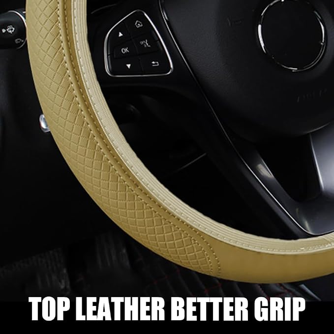 Car Steering Wheel Cover, Universal 14.5-15 Inch Beige Leather Steering Wheel Wrap with Better Sport Grip for Men Women, Anti-Slip Breathable Car Interior Accessories for Most Vehicles (Beige2)