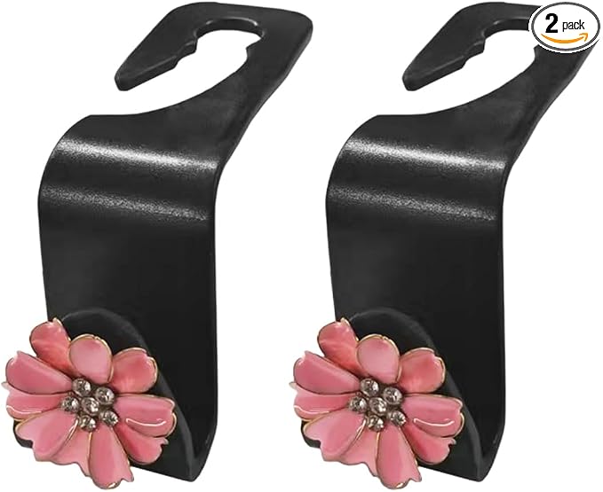 Craedli 2PCS Bling Car Seat Headrest Hook, Cute Rhinestone Flower Seat Back Storage Organizer Hanger Car Purse and Bag Hooks Holder, Universal Interior Accessories for Handbag Grocery Bag Coat (Pink)