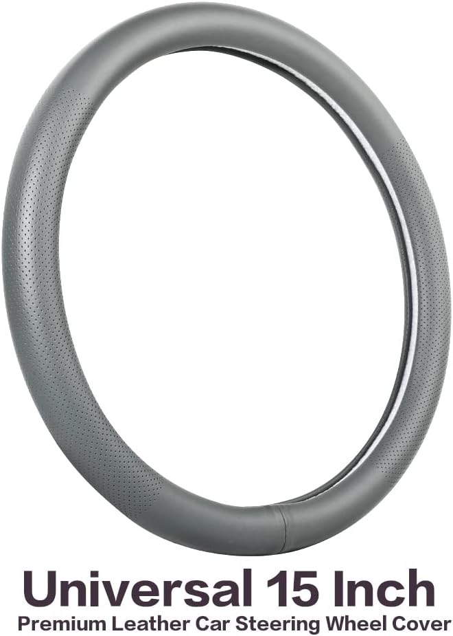 Car Steering Wheel Cover,Universal 15 Inch Premium Leather Car Steering Wheel Cover,Best Grip,Perforated Design,Breathable,Non-Slip,Sweat-Absorbent,Warm in Winter and Cool in Summer (Gray)