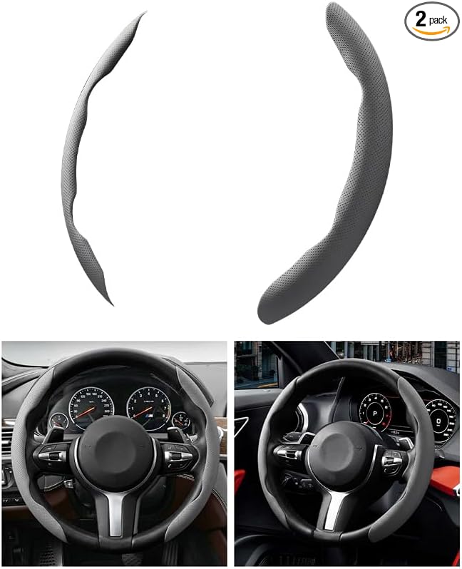 2PCS Car Steering Wheel Cover, 14.5-15" Breathable Nappa Leather Segmented Steering Wheel Protector with Non-Slip Grip, Stylish Auto Interior Decor Accessories, Universal for Vehicles (Gray)
