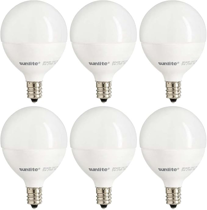 Sunlite G16.5 Light Bulb LED, 5W (40W Equiv.), 350 Lumens, Dimmable, Type G Globe Shape E12 Candelabra Base, Short Bulbs, Vanity Mirror Bulbs, 2700K Soft White, Frosted, 6 Count
