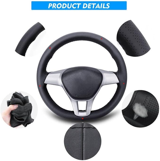 Carodi Leather Steering Wheel Cover, Breathable Non-Slip Design, Soft and Comfortable Feeling, Universal 15 Inch Auto Car Steering Wheel Stitch on Wrap（Size M, Black）