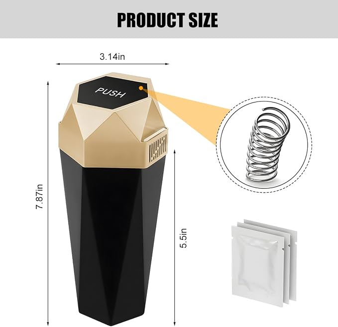 Car Trash Can with Lid, Mini Leakproof Fragrance Vehicle Cup Holder Garbage Bin for Console Door, Small Portable Auto Interior Dustbin Organizer Accessories, Universal Fit (Gold)