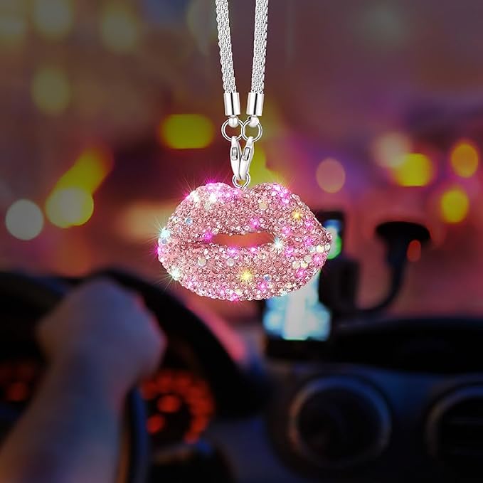 Bling Lip Diamond Car Accessories for Women, Crystal Rear View Mirror Accessories,for Family and Lover,Car Decoration, Valentine's Gift, Lucky Hanging Interior Ornament (Pink)