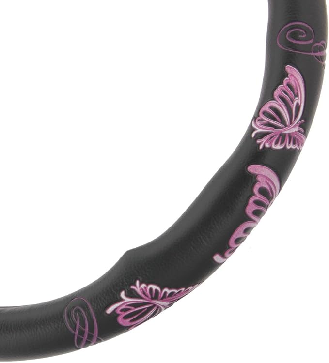 BDK Design Comfort Grip Steering Wheel Cover for Car SUV Van and Truck, 15 inch Standard Size, Pink Butterflies