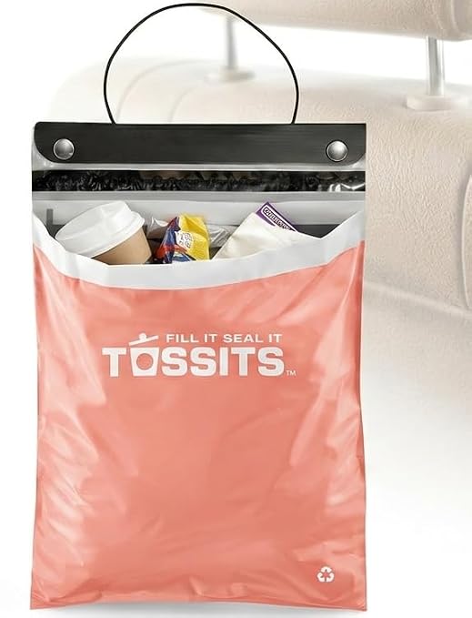 Tossits Disposable Car Trash Bag Hanging (Pink, Set of 7) - Leak-Proof, Smell-Proof Automobile Trash Container, Eco-Friendly, Thick, Large 12x15 Car Trash Bin with Sturdy Header Board | 2 gal, 12 x 15 in, fits over headrest or console, recycled plastic...