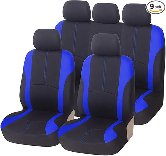 AICEL 9 Piece Car Seat Covers Full Set Mesh Fabric Auto Seat Protectors Blue
