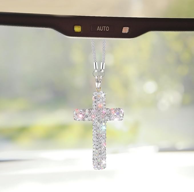 ZIMISI Bling Cross Car Hanging Ornament, Crystal Rhinestone Car Rearview Mirror Pendant for Women, Diamond Rear View Mirror Charm Present, Universal Vehicle Interior Decoration Accessory (White)