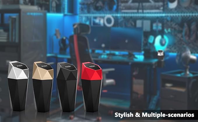 Ginsco Car Trash Can Cup Holder, 2 Pack Mini Car Trash Can with Lid, Car Accessories for Interior, Leakproof Small Trash Cup for Car, Home with Additional 2 ABS Hooks and 90pcs Trash Bags Golden