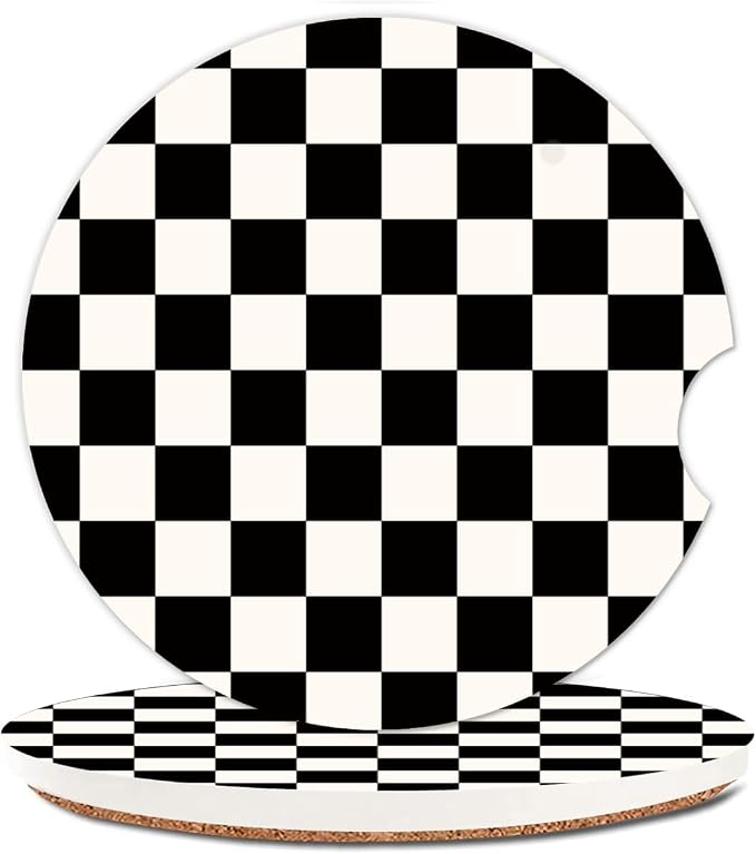 Absorbent Car Cupholder Coaster 2 Pack, Cute Car Coasters with a Finger Notch for Women & Men,2.56" Ceramic Stone & Non-Scratch Cork Base Drink Coasters (Checkerboard)