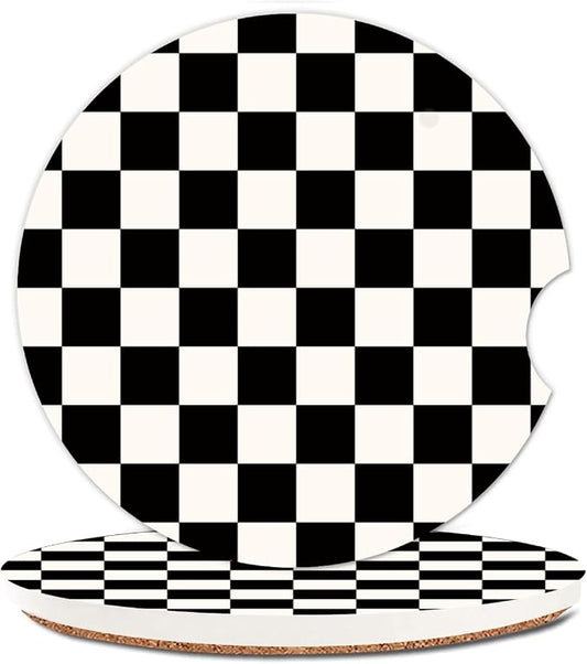 Absorbent Car Cupholder Coaster 2 Pack, Cute Car Coasters with a Finger Notch for Women & Men,2.56" Ceramic Stone & Non-Scratch Cork Base Drink Coasters (Checkerboard)