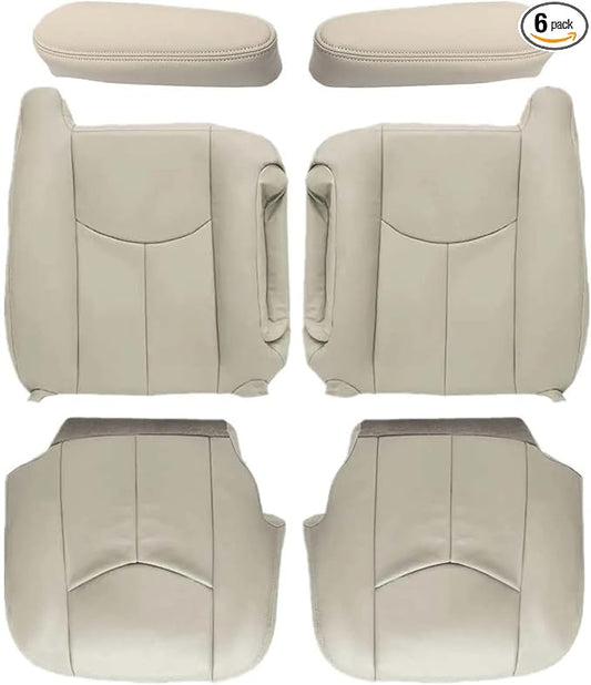 NLQR #522 Driver & Passenger Side Bottom & Top Lean Back Replacement Seat Covers & 2Pcs Seat Armrests Covers Light Tan Compatible with Chevy Avalanche Tahoe Suburban GMC Yukon XL 2003 2004 2005 2006