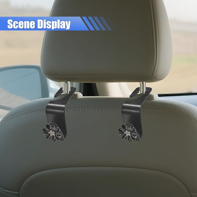 Craedli 2PCS Bling Car Seat Headrest Hook, Cute Rhinestone Flower Seat Back Storage Organizer Hanger Car Purse and Bag Hooks Holder, Universal Interior Accessories for Handbag Grocery Bag Coat (Black)