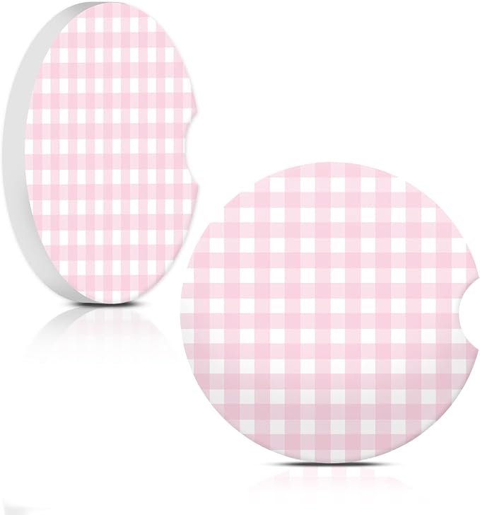 Pink Checkered Car Coasters for Cup Holder Absorbent Ceramic Cup Coaster 2 Pack Anti Slip Car Interior Accessories with Finger Notch Cork Base for Women Men 2.56"