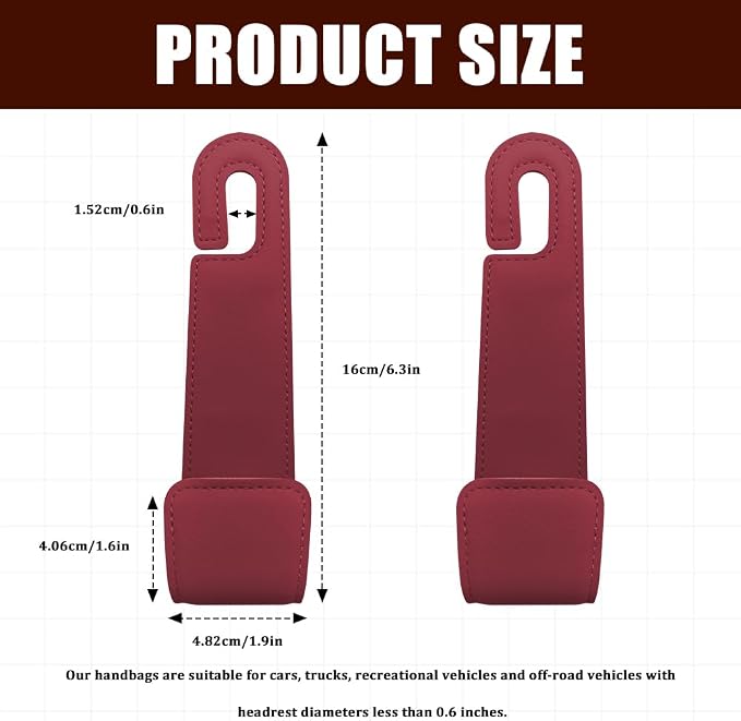 2PCS Car Seat Headrest Hooks, Purse Hook for Car, Automotive Headrest Handbags Holder, Auto Accessories Leather Seatback Organizer Hanger for Hanging Purses Bags Coats (Red, 2PCS)
