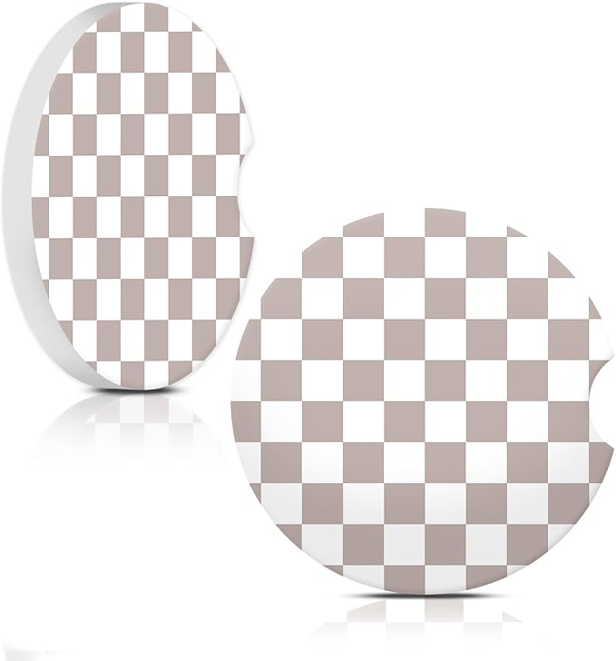 Taupe Checkered Car Coasters for Cup Holder Absorbent Ceramic Cup Coaster 2 Pack Anti Slip Car Interior Accessories with Finger Notch Cork Base for Women Men 2.56"