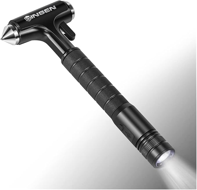SINSEN Automotive Escape Tool, Window Breaker Seatbelt Cutter, Car Flashlight Safety Hammer, Emergency Kit Self Defense Accessories, Multifunction 4-in-1 Auto Tactical Gear, Rechargeable Powered Led