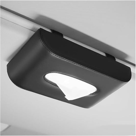 Car Tissue Holder, Rectangular Leather Sun Visor Napkin Case with Tissue Refill, Universal Mask Dispenser Hanging Paper Towel Organizer for Most Vehicles, Car Accessories (Black)