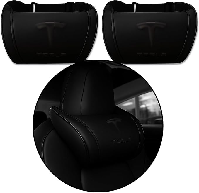 Car Headrest Neck Pillow Support Ergonomic, with Valve Stem Covers Accessory for Driving Seat Fatigue Relief Compatible with Model S X 3 Y & Cybertruck - 2 Pieces