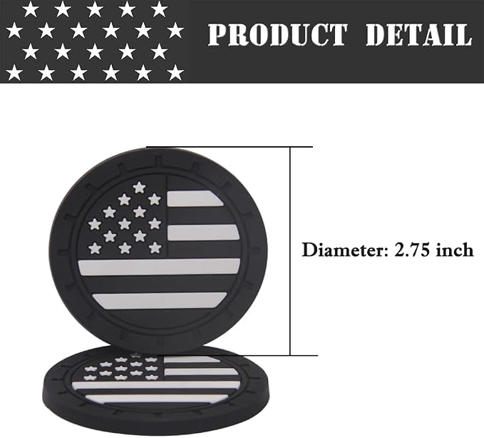 ACODABLEM 2 Pack Car Cup Holder Coaster, 2.75 Inch American Flag Soft Rubber Pad Set Round Auto Cup Holder Insert Drink Coaster Car Interior Accessories (Black White)