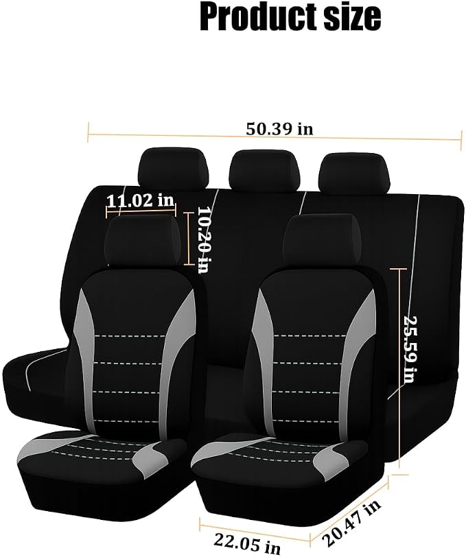 Car Seat Cover Full Set, Fashion Soft Sponge Vehicle Front and Rear Split Bench with Removable Headrest Cover, Breathable Auto Seat Protector, Universal for Truck SUV Sedan (Gray/Black)