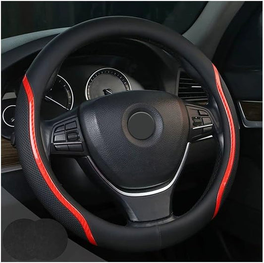 Steering Wheel Cover Black and Red Leather Universal 14.5-15 inch | Carbon Fiber Car Steering Wheel Covers with Coasters Microfiber Breathable Anti-Slip Steering Wheel Accessories Set