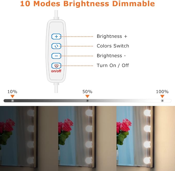 LED Vanity Mirror Lights, Hollywood Style LED Vanity Bulbs 3 Color Dimmable Makeup Light, Vanity Lights 3000K Warm 4000K Nature 6500K Daylight White Portable Light for Bathroom Dressing Room