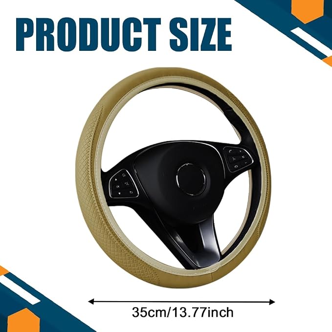 Car Steering Wheel Cover, Universal 14.5-15 Inch Beige Leather Steering Wheel Wrap with Better Sport Grip for Men Women, Anti-Slip Breathable Car Interior Accessories for Most Vehicles (Beige2)