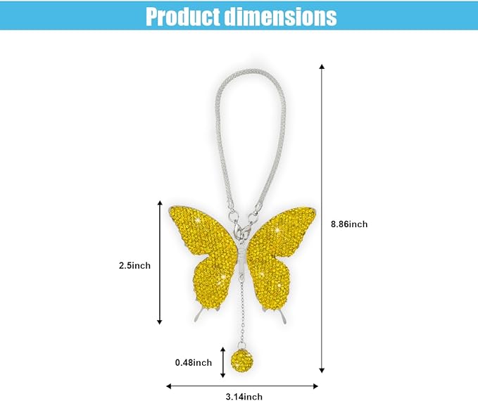 JOYCOURT Bling Butterfly Diamond Car Hanging Accessories for Women, Yellow | Crystal Butterfly Rear View Mirror Luck Car Decoration Accessories, Valentine's Day Presents Ornament Pendant for All Cars