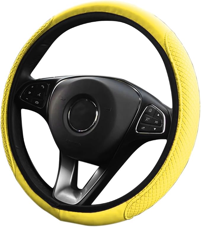 LoyaForba Leather Car Steering Wheel Cover, Elastic Breathable Anti-Slip Steering Wheel Protector, Car Interior Accessories for Men Women, Universal 15 Inch for Most Cars (Yellow)