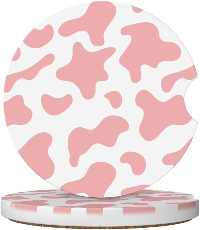 Pink White Cow Print Car Coasters for Cup Holders,2 Pack Car Cup Holder Coasters for Car,Ceramic Absorbent Car Coaster with A Finger Notch and Cork Base,Car Interior Accessories for Women Men