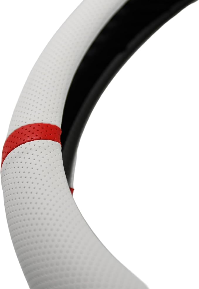 Quick Install Enhanced Control Sporty Nappa Leather Steering Wheel Cover, Odorless Sweat-Proof Non-Slip Protector Universal Fit for 14.5-15 Inch Car SUV Truck