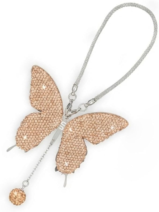 JOYCOURT Bling Butterfly Diamond Car Hanging Accessories for Women, Peach | Crystal Butterfly Rear View Mirror Luck Car Decoration Accessories, Valentine's Day Presents Ornament Pendant for All Cars