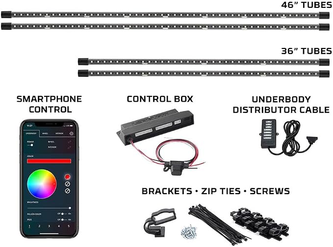 LEDGlow Bluetooth 4pc Million Color LED Car Underglow Lighting Kit | Underbody Neon Accent Lights Include Smartphone App, Color Wheel, Modes, Courtesy Lights & More