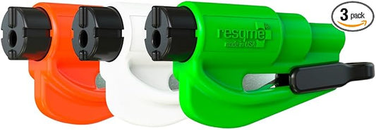 resqme The Original Emergency Keychain Car Escape Tool, 2-in-1 Seatbelt Cutter and Window Breaker, Made in USA, Family Pack of 3, Orange, White, Lime Green- Compact Emergency Hammer