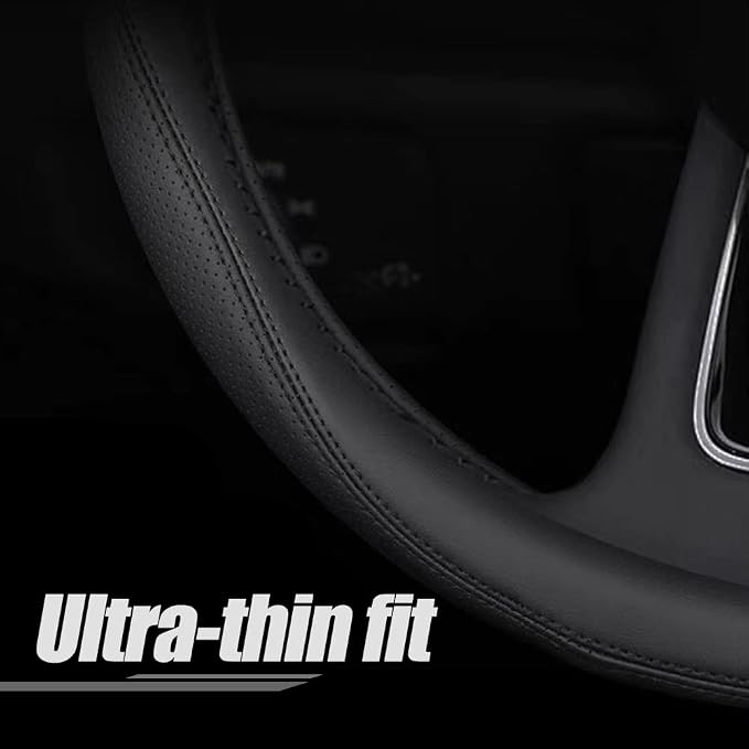 Carodi Latest Nappa Leather car Steering Wheel Cover, Stylish Non-Slip Leather car Interior 15 inches Universal (D-Shape,Black)