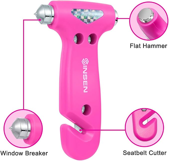 SINSEN Car Safety Hammer, Automotive Window Breaker and Seatbelt Cutter for Women, Roadside Emergency Kit, 3 in 1 Escape Tools, Road Trip Essential and Must Haves (2, Pink)